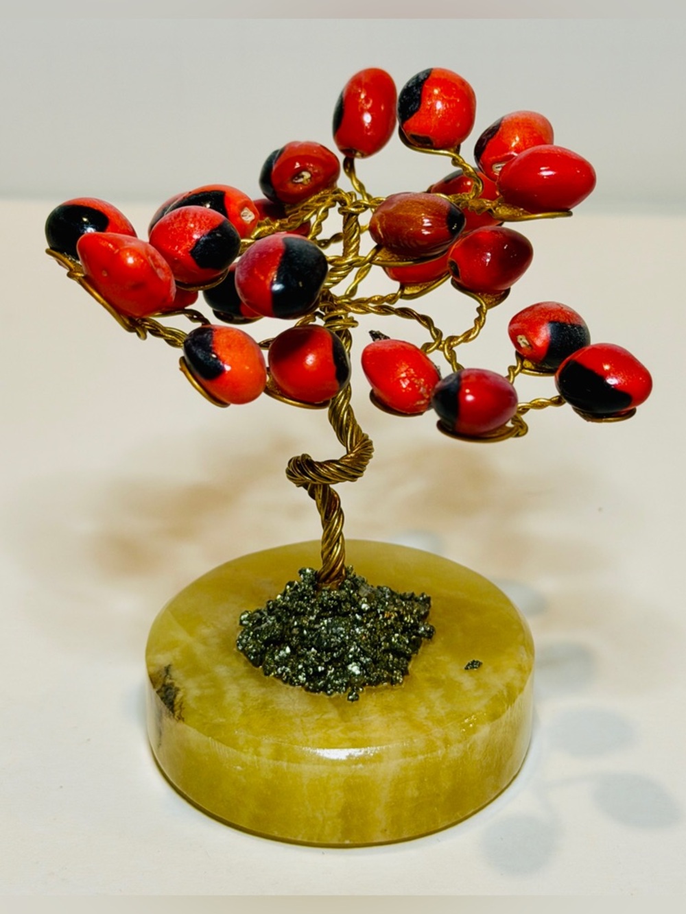 Red Seed Bonsai Tree Sculpture Stone Base Lucky Tree Handmade Decor 3.5”